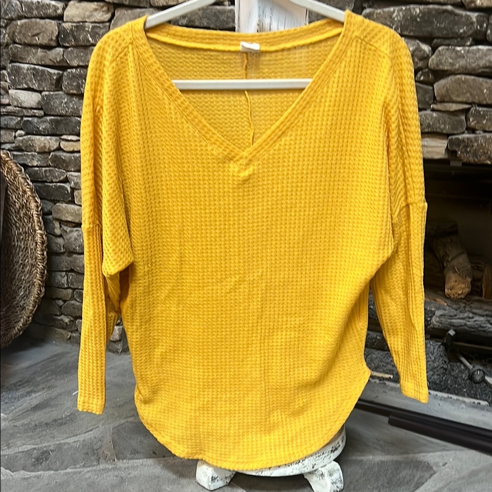 Yellow V-Neck Waffle Knit Sweater
